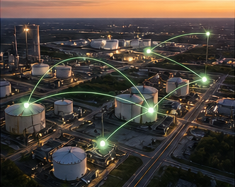Chemical plant tank farm with glowing route connections
