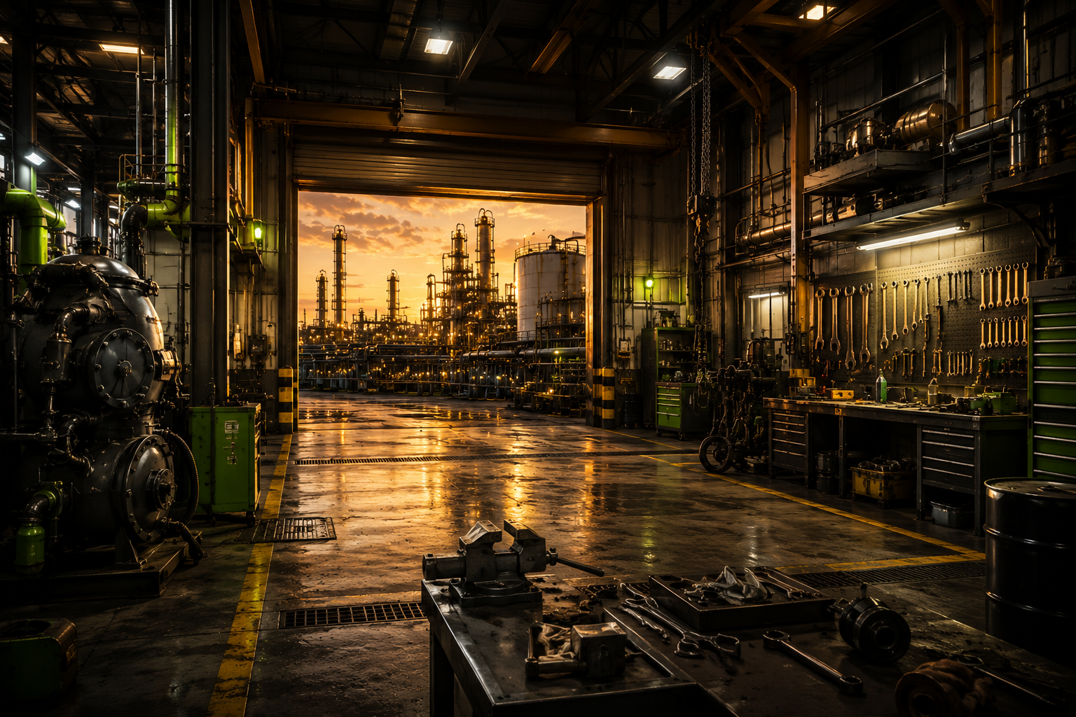 Manufacturing shop with refinery visible outside