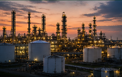 Refinery at sunset with storage tanks
