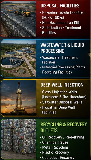 Disposal facilities, wastewater processing, deep well injection, and recycling recovery outlets
